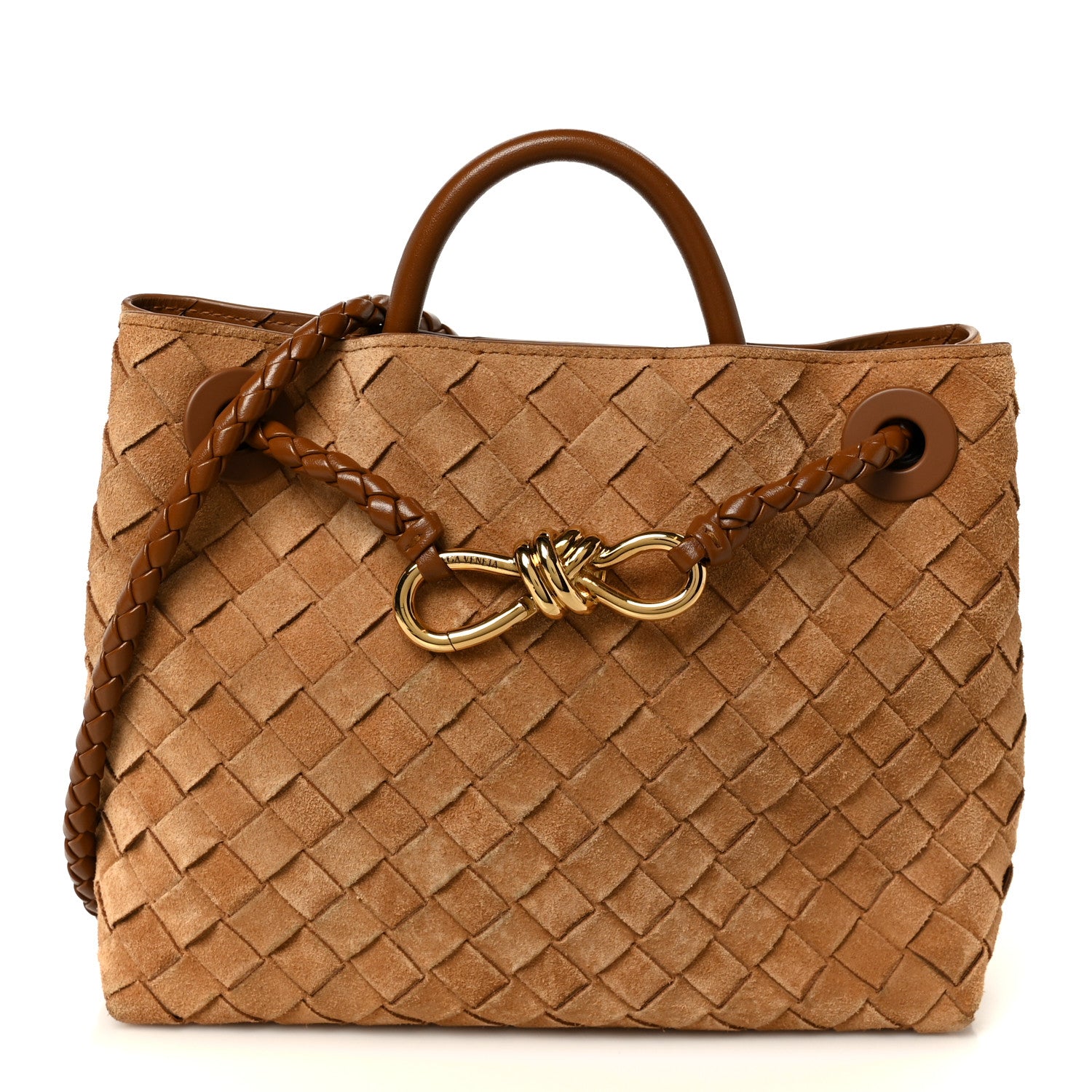 Bottega Veneta Suede Intrecciato Small Andiamo Shoulder Bag Amber