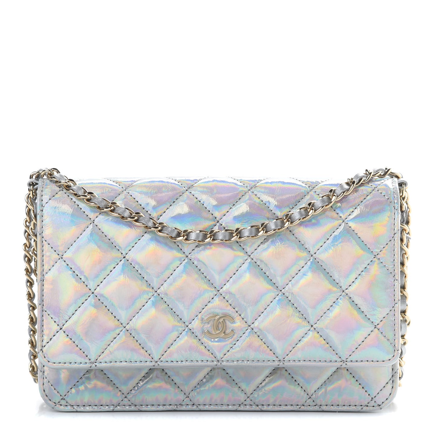 Iridescent Goatskin Quilted Wallet On Chain WOC Silver