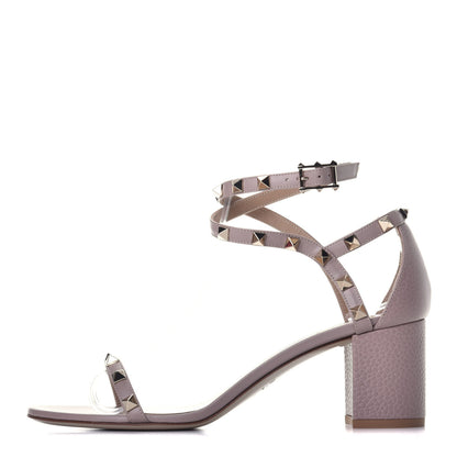 Valentino Garavani Pebbled Calfskin Rockstud Ankle Strap 60mm Sandals 39.5 Poudre 1 of 8