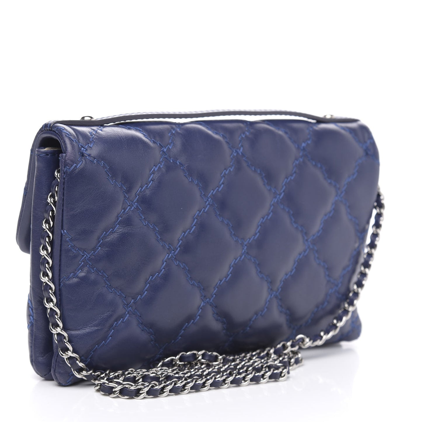 Calfskin Quilted Double Stitch Hamptons Clutch with Chain Blue
