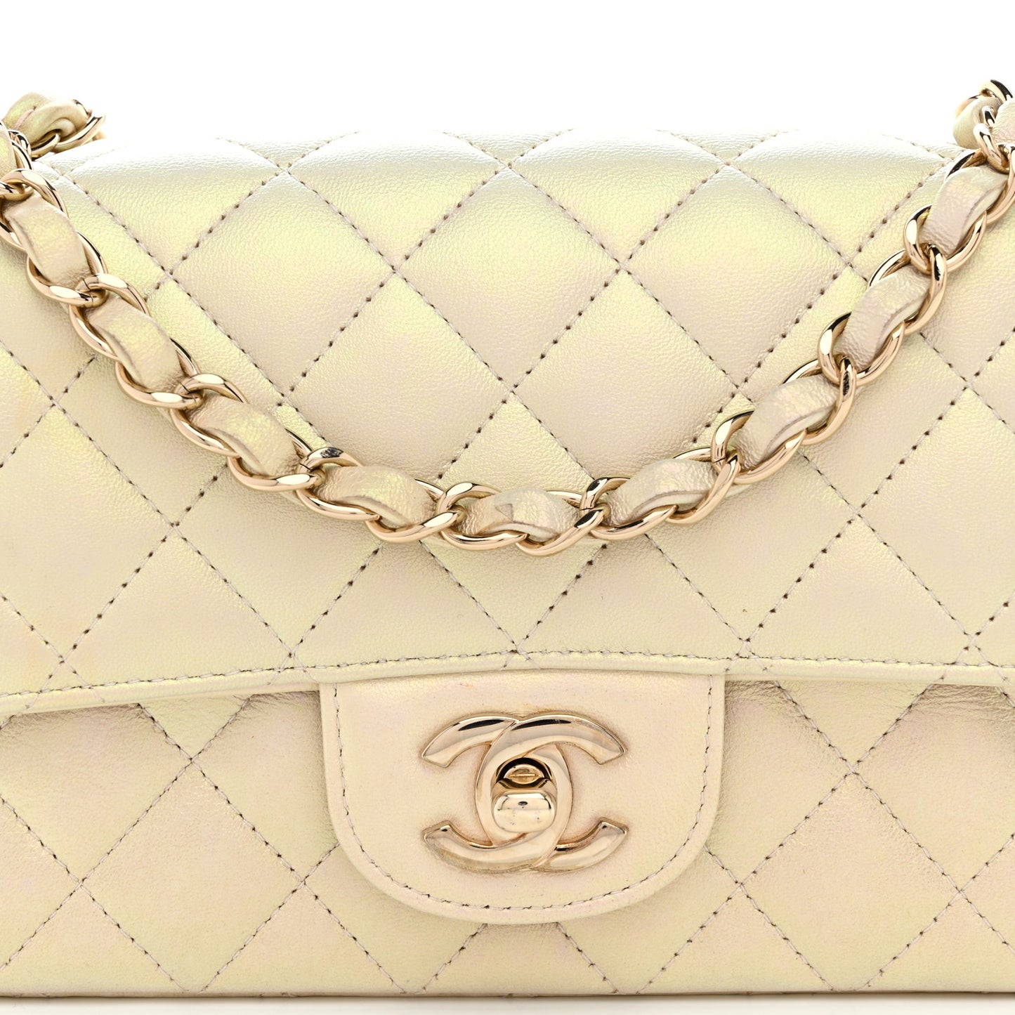 Iridescent Lambskin Quilted Mini Rectangular Flap Ivory