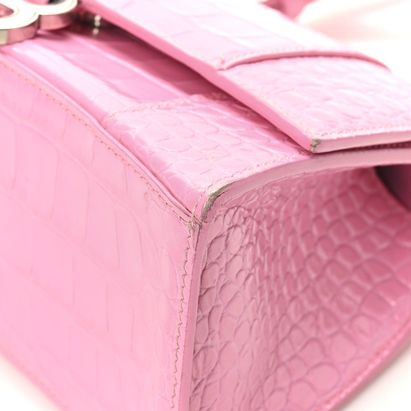 Shiny Calfskin Crocodile Embossed Small Hourglass Top Handle Bag Candy Pink