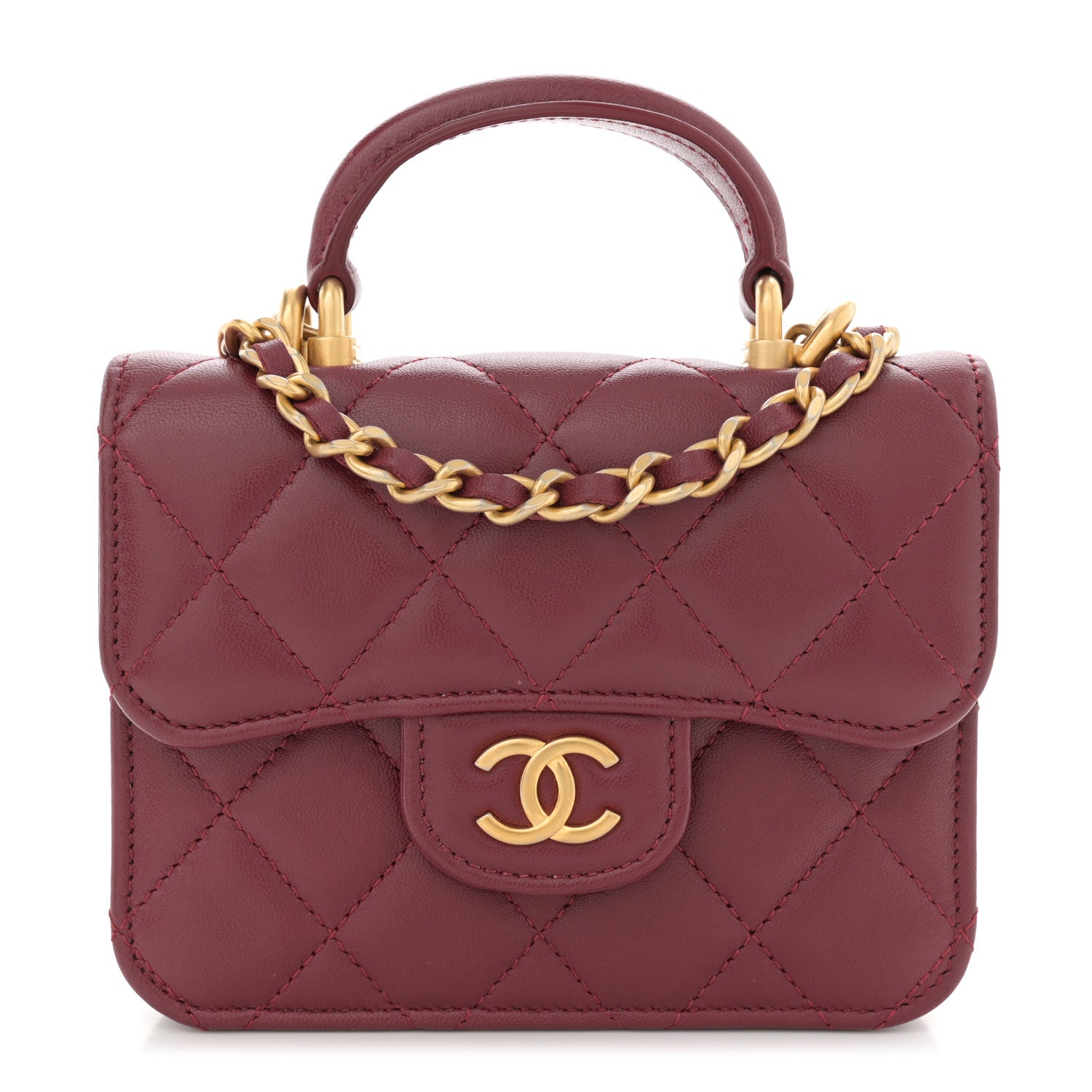 Chanel Lambskin Quilted Top Handle Flap Coin Purse With Chain Burgundy 1 of 10
