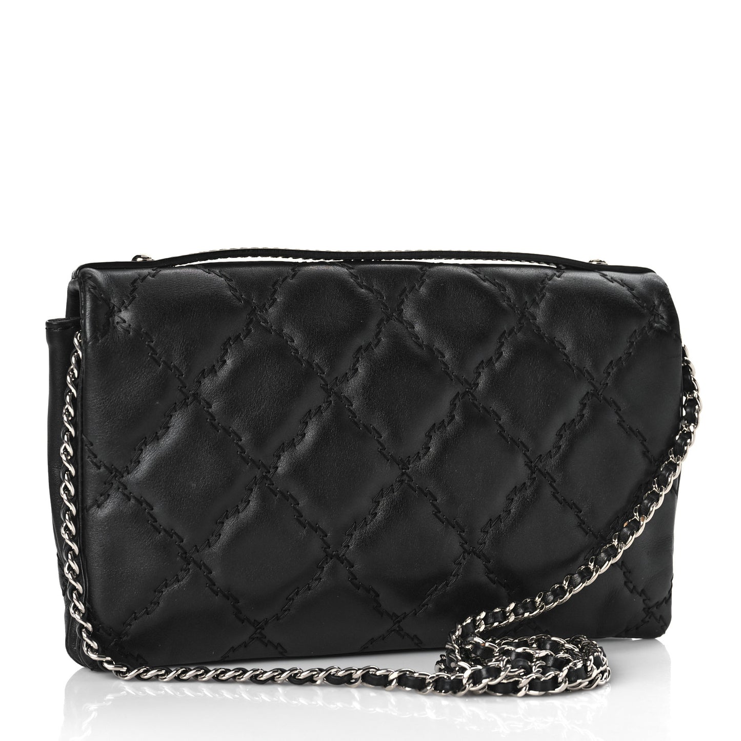 Calfskin Quilted Double Stitch Hamptons Clutch with Chain Black