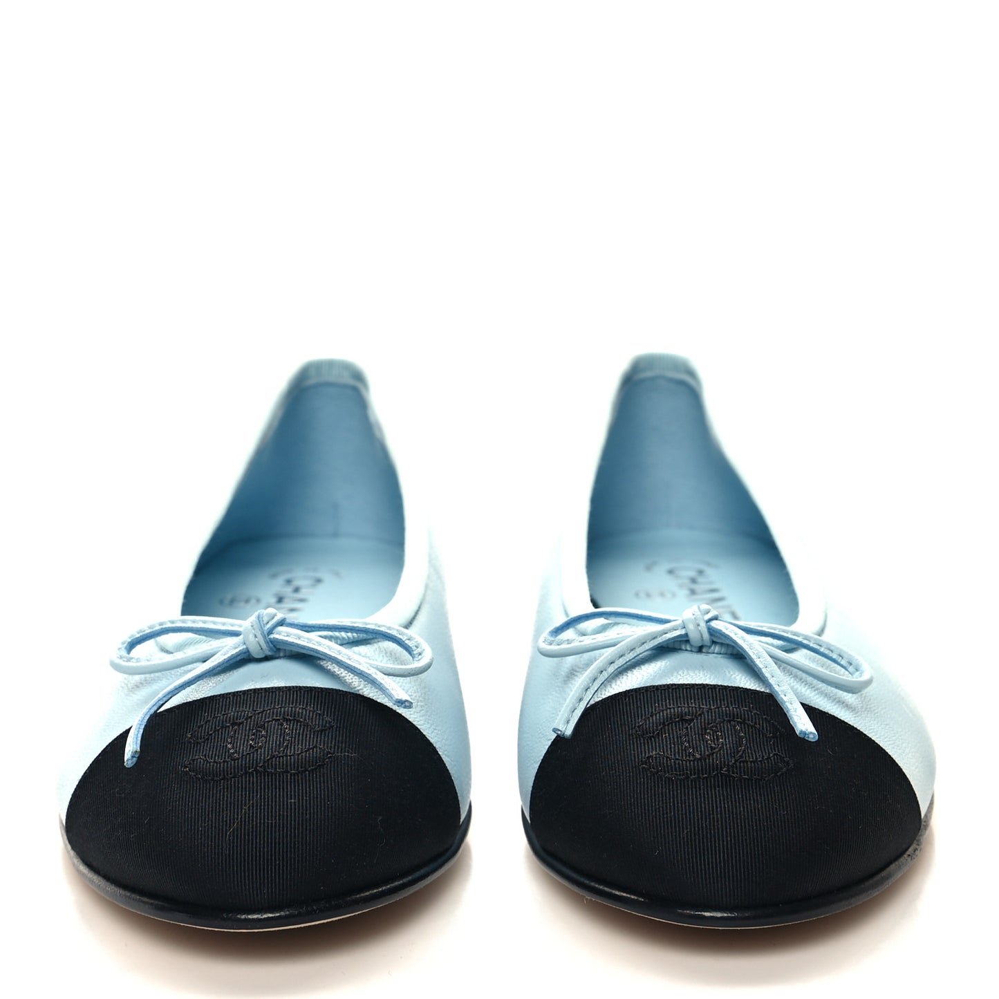 Lambskin Grosgrain Cap Toe CC Ballerina Flats 37.5 Light Blue Black