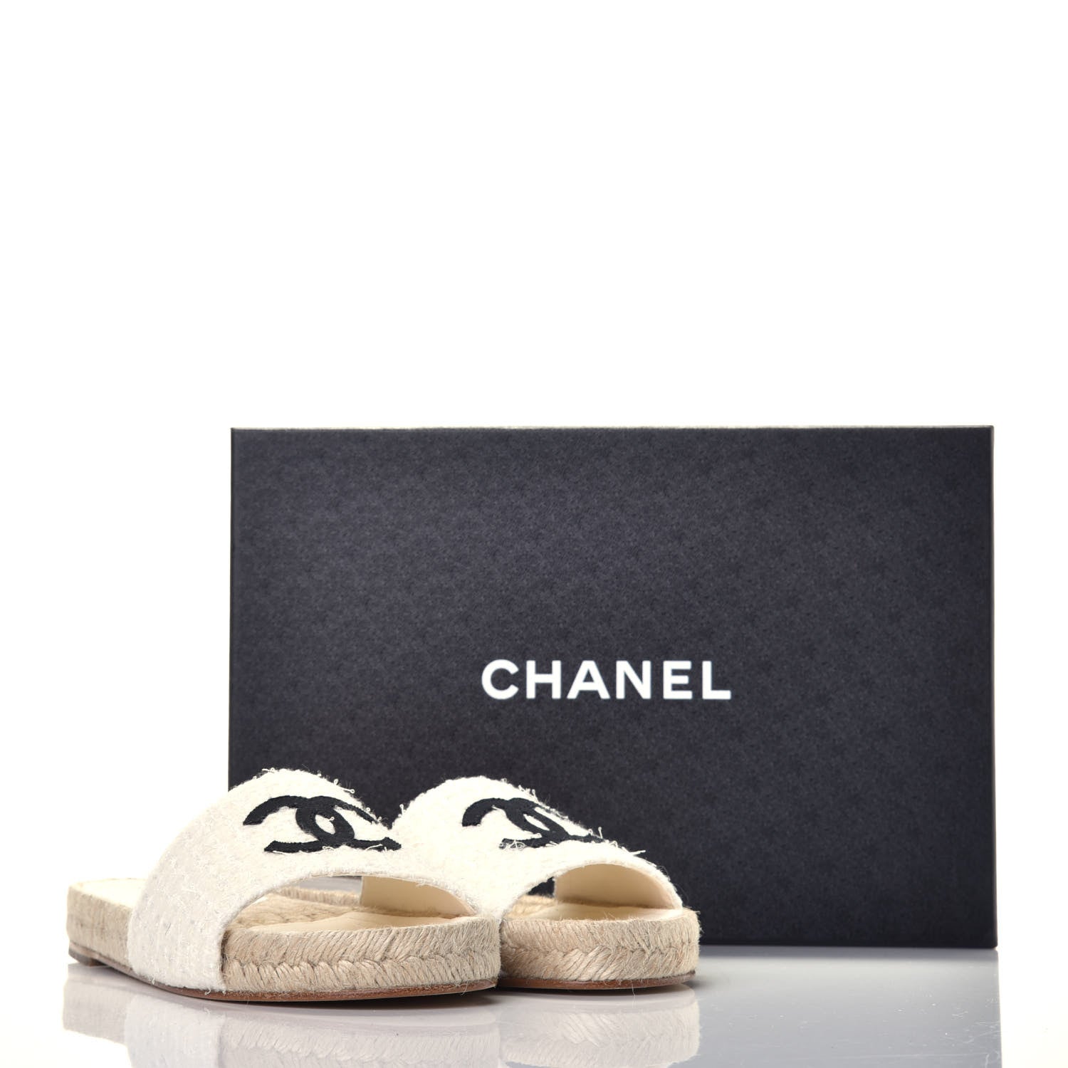 Chanel Tweed Grosgrain CC Espadrille Slip On Sandals 37 White Black 9 of 9