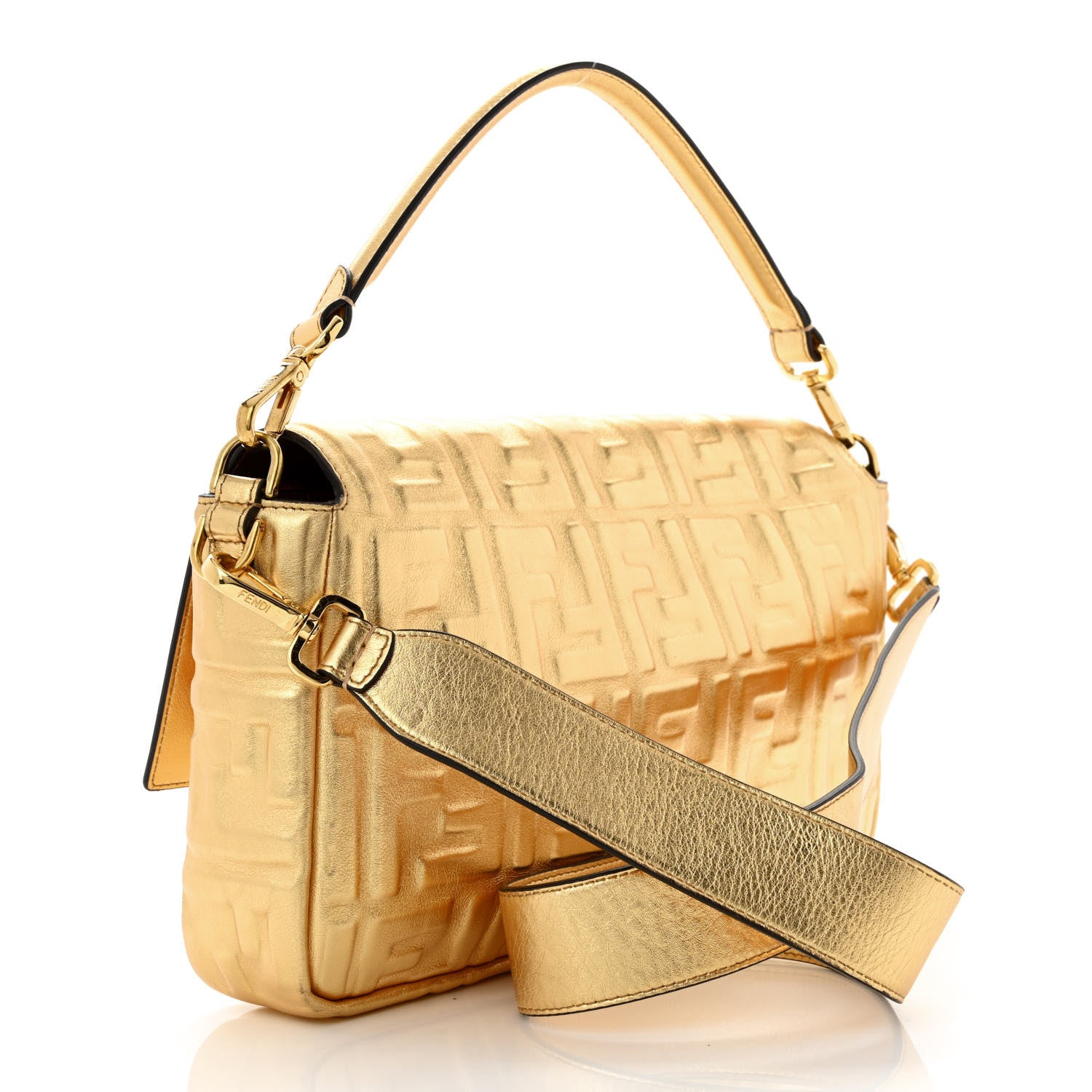 Fendi Vitello Catalan Mirror FF 1974 Embossed Large Baguette Gold 3 of 12