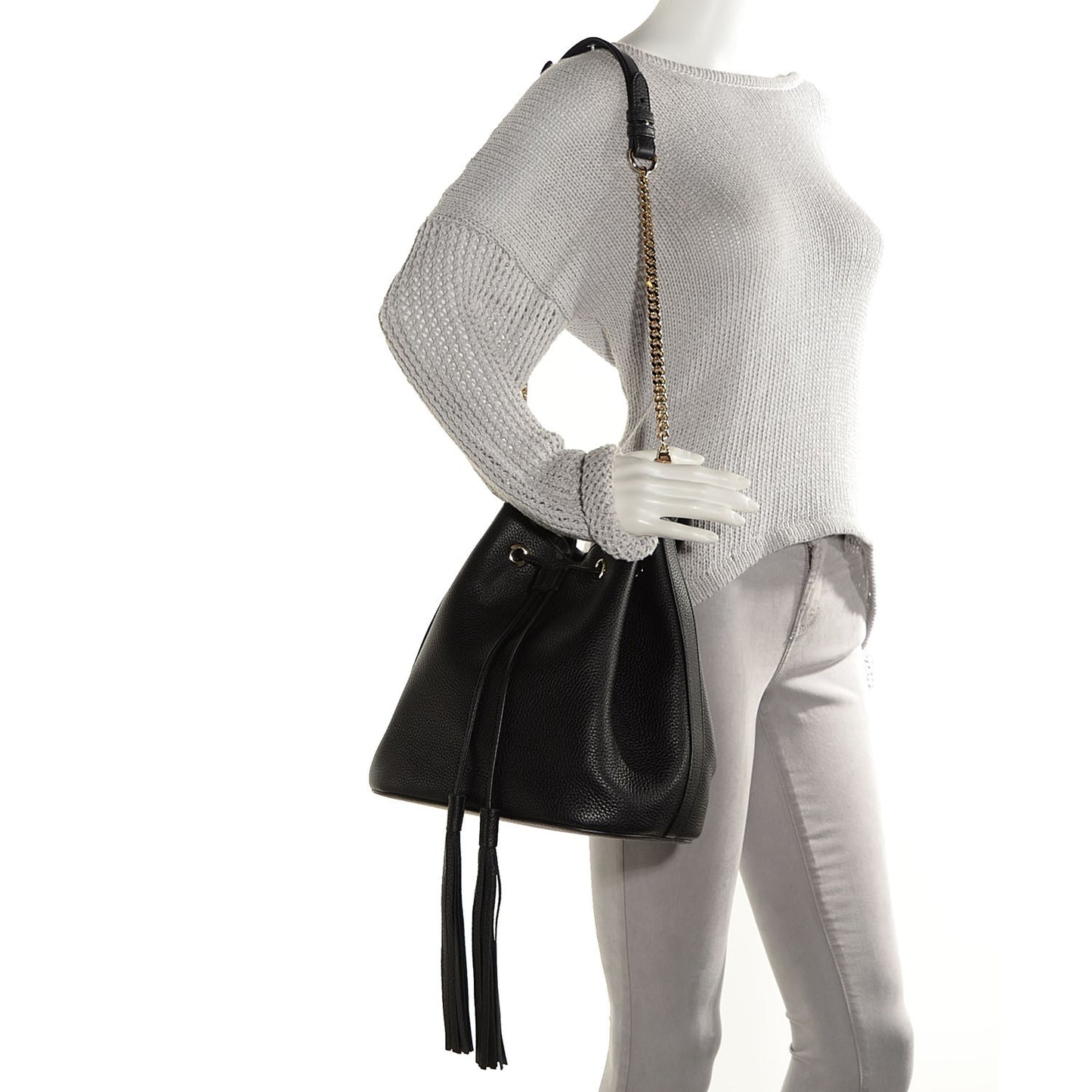 Pebbled Calfskin Miss Bamboo Bucket Bag Black
