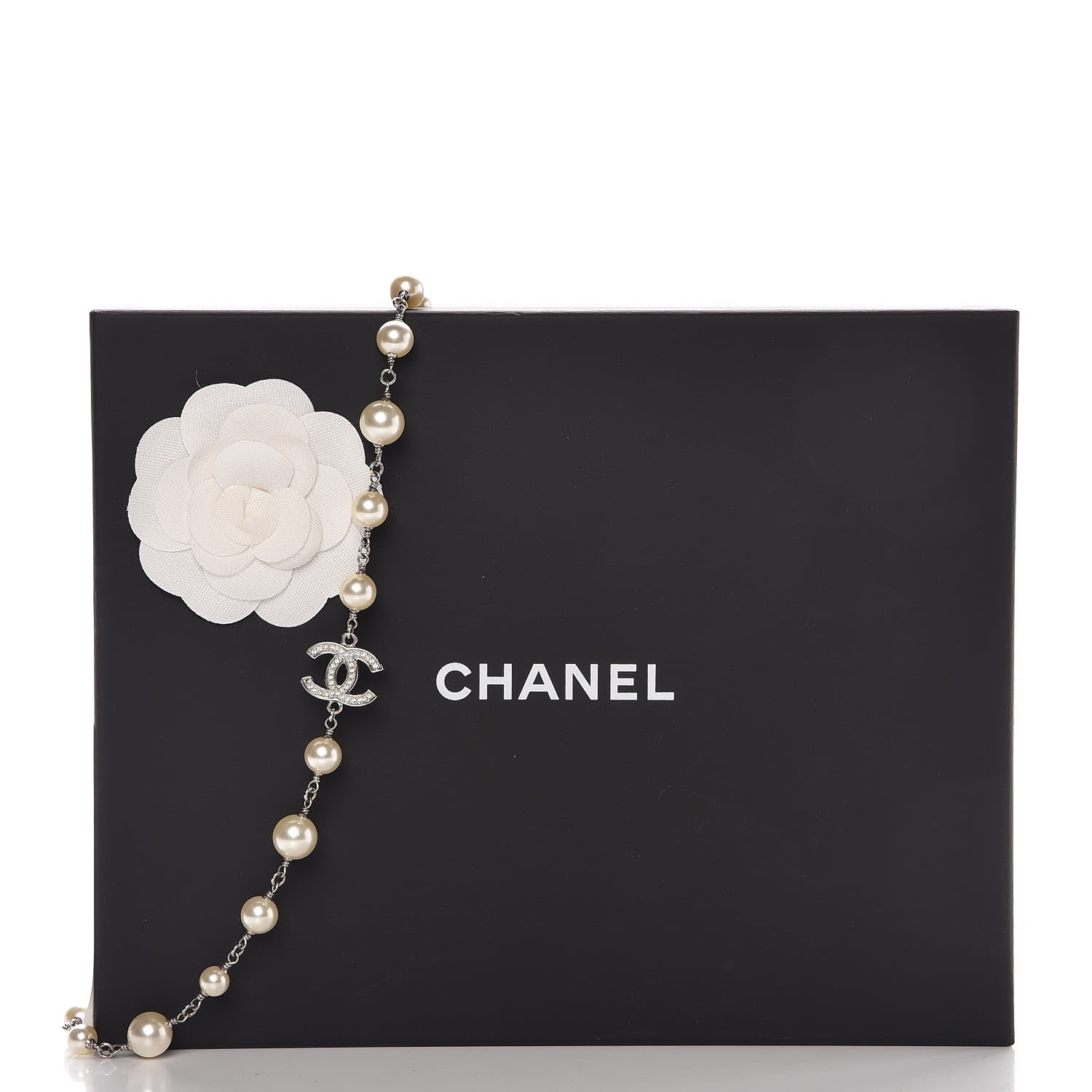 Chanel Graduated Pearl Crystal CC Long Necklace Silver 6 of 6
