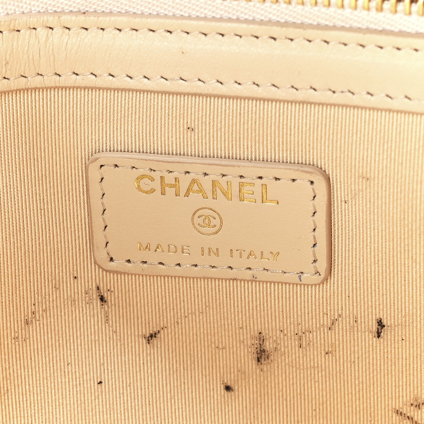 Shiny Goatskin Quilted Chanel 19 Pouch Beige