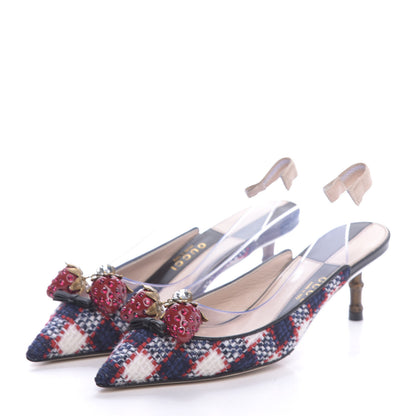 Gucci Tweed PVC Bamboo Strawberry Eleonor Low Heel Slingback Pumps 36 Marine Red 3 of 10