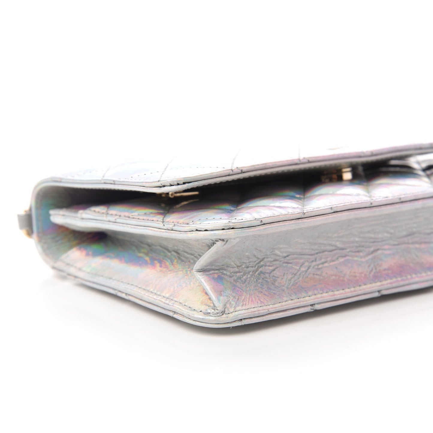 Iridescent Goatskin Quilted Wallet On Chain WOC Silver