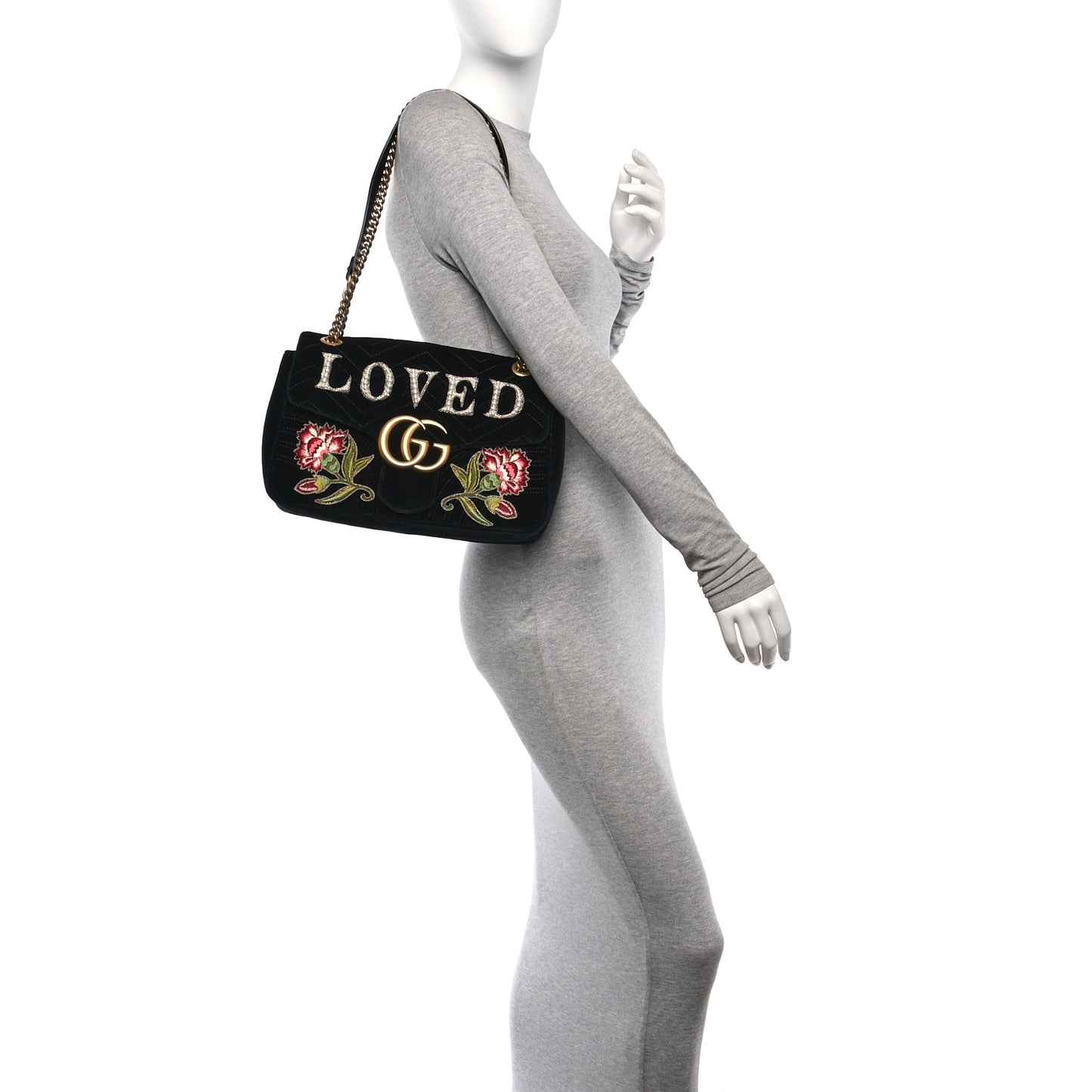 Velvet Matelasse Loved Embroidered Medium GG Marmont Shoulder Bag Black