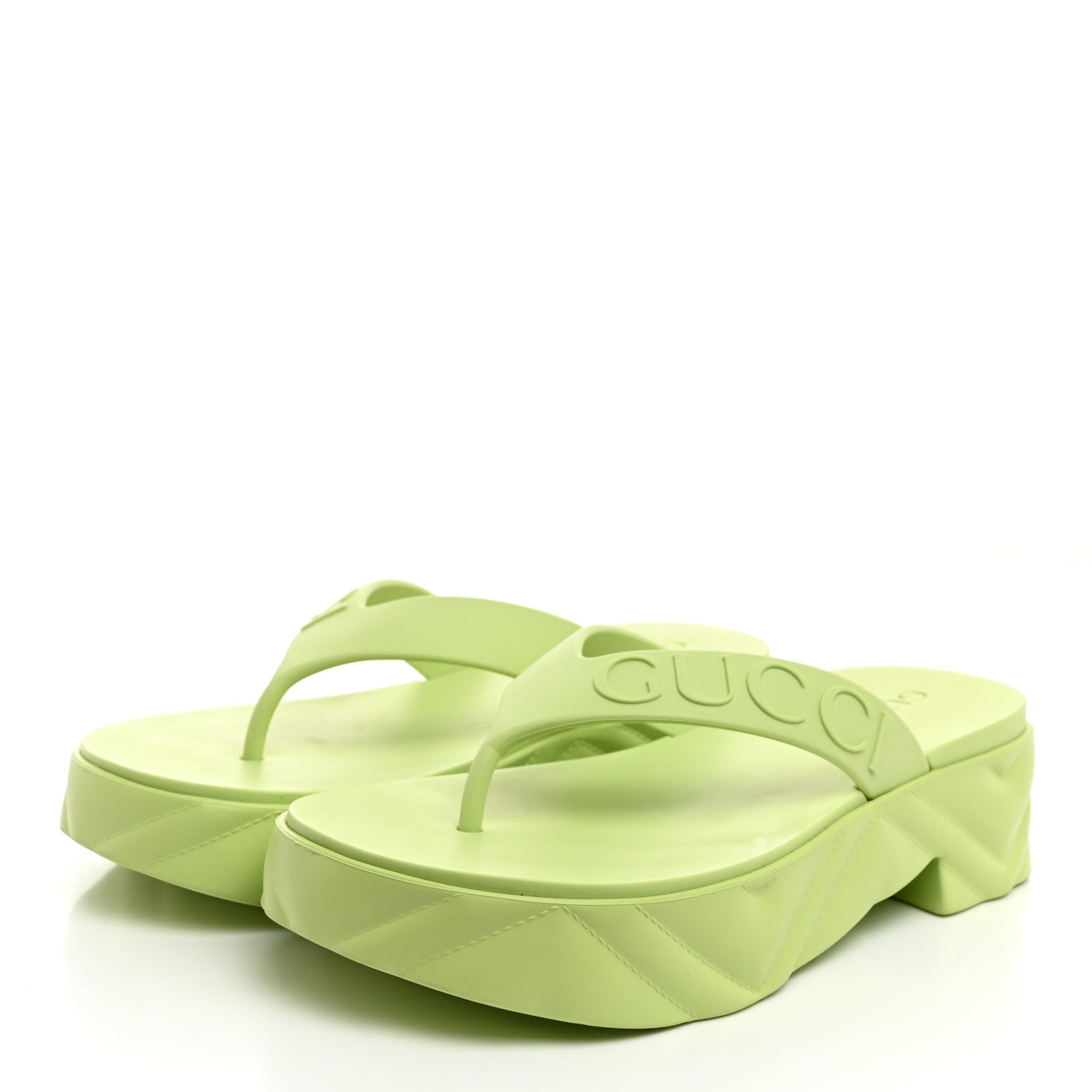 Gucci Rubber Chevron Logo Embossed Womens Thong Platform Sandals 41 Light Green 3 of 8