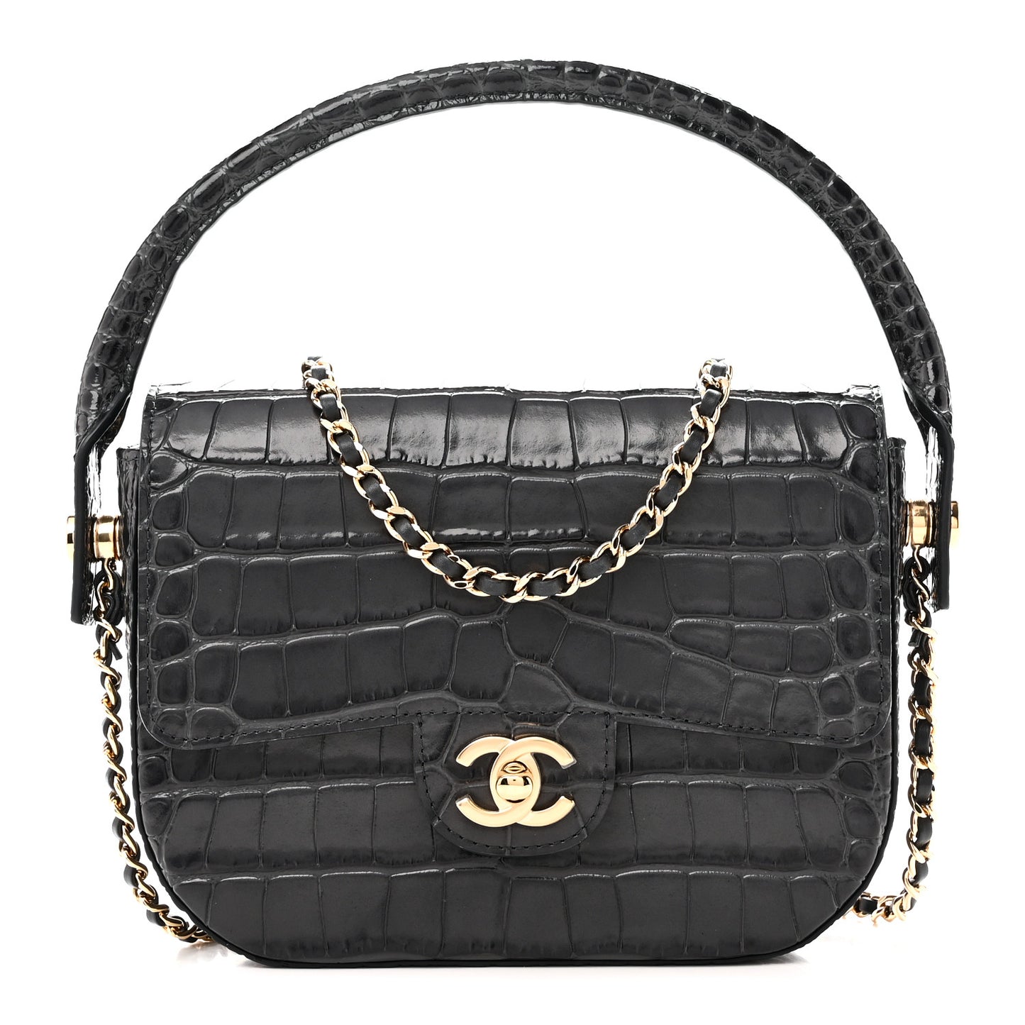 Calfskin Crocodile Embossed Turn Around Mini Flap Dark Grey