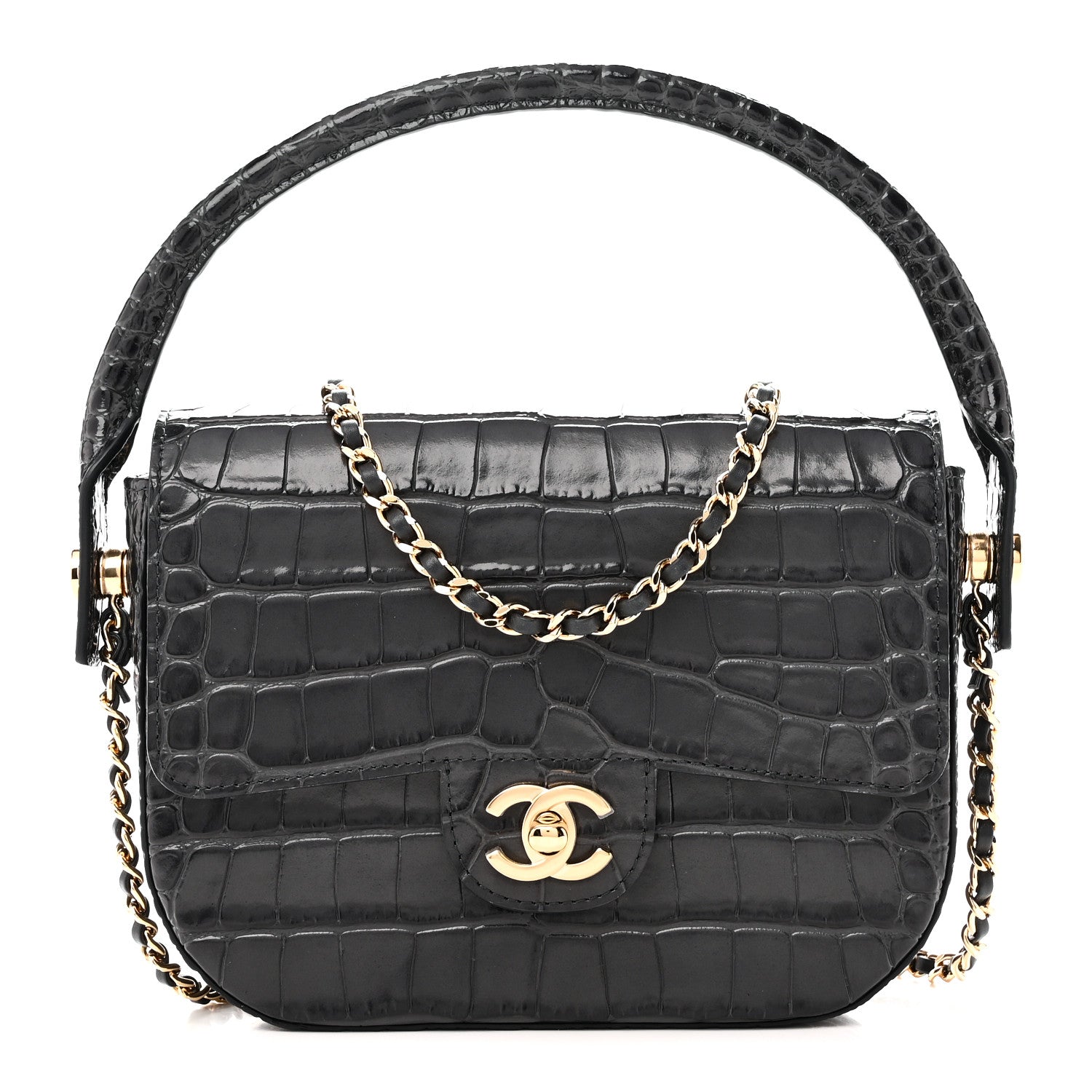 Chanel Calfskin Crocodile Embossed Turn Around Mini Flap Dark Grey 1 of 10