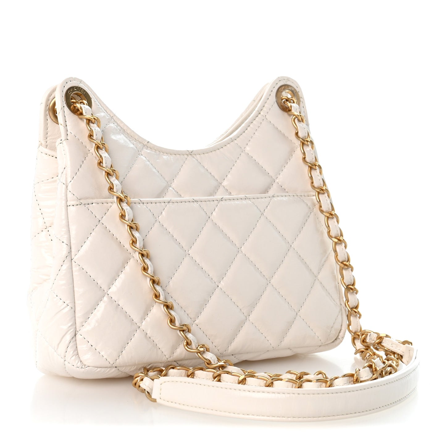 Shiny Crumpled Calfskin Quilted Small Wavy CC Hobo White