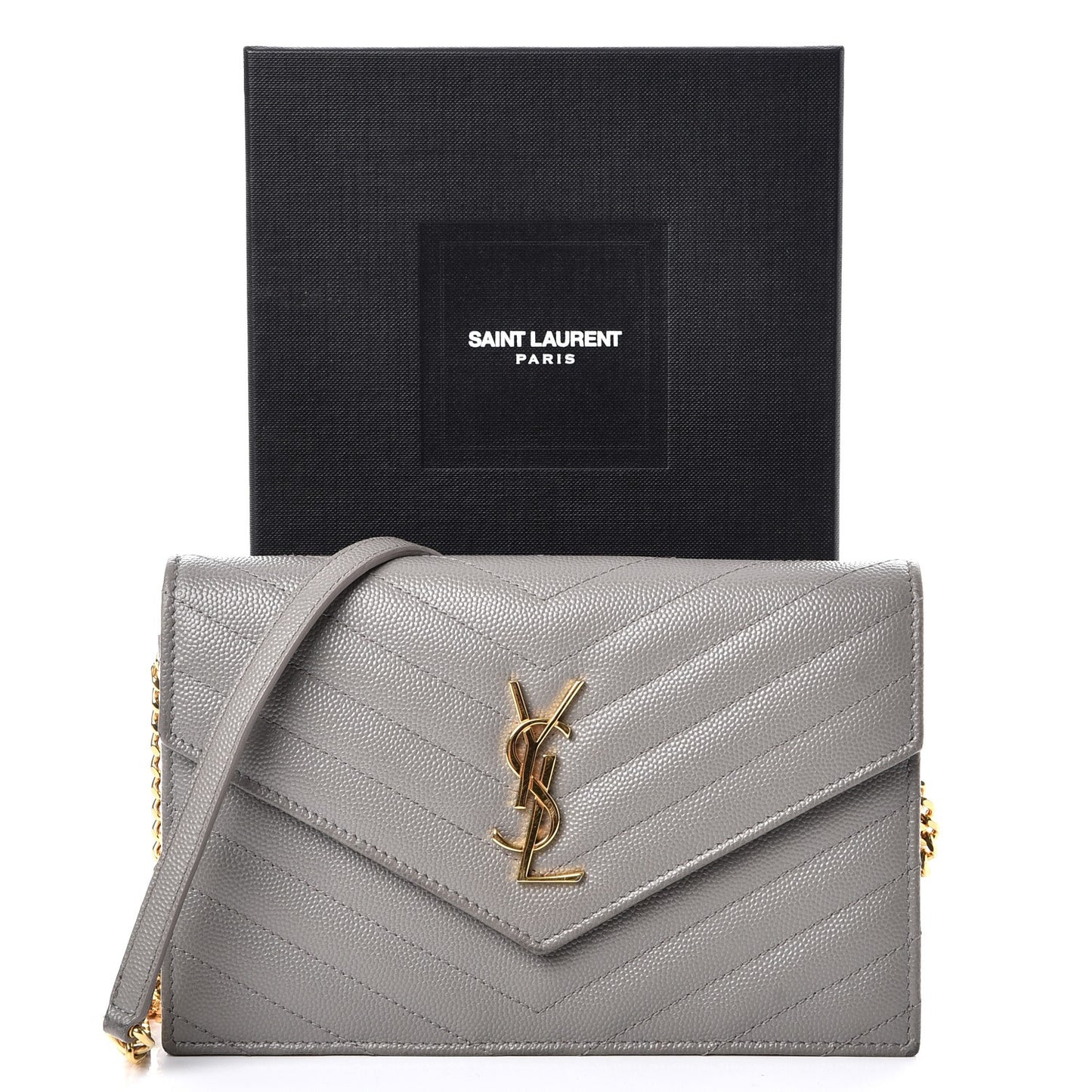 Grain De Poudre Matelasse Chevron Monogram Envelope Chain Wallet Fog