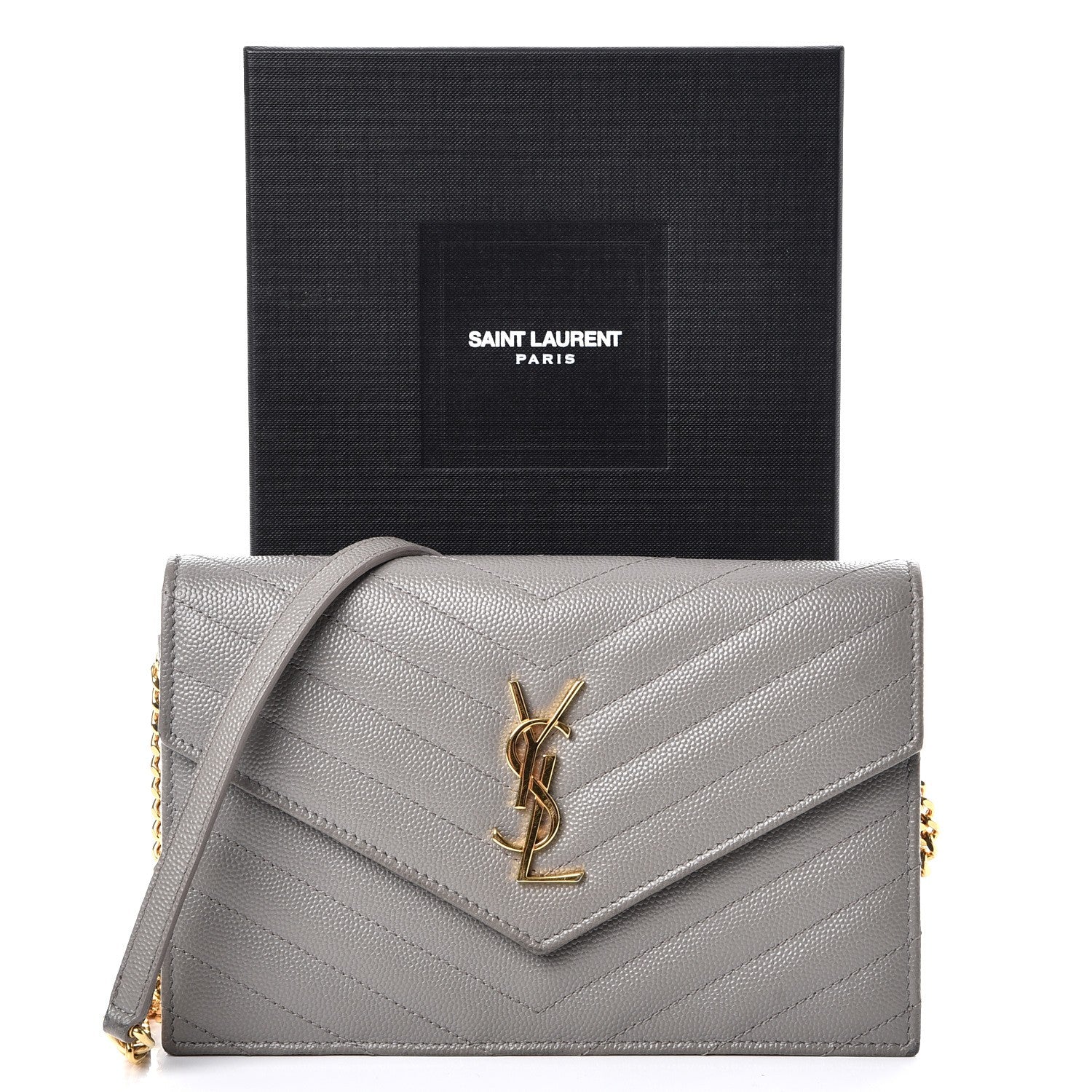 Saint Laurent Grain De Poudre Matelasse Chevron Monogram Envelope Chain Wallet Fog 9 of 9