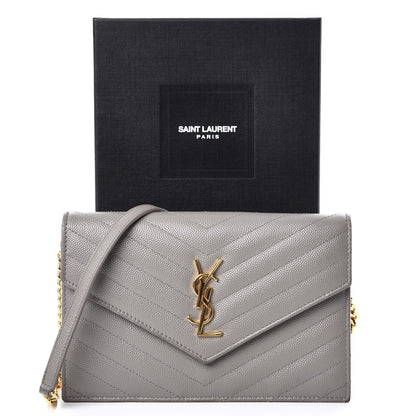 Saint Laurent Grain De Poudre Matelasse Chevron Monogram Envelope Chain Wallet Fog 9 of 9