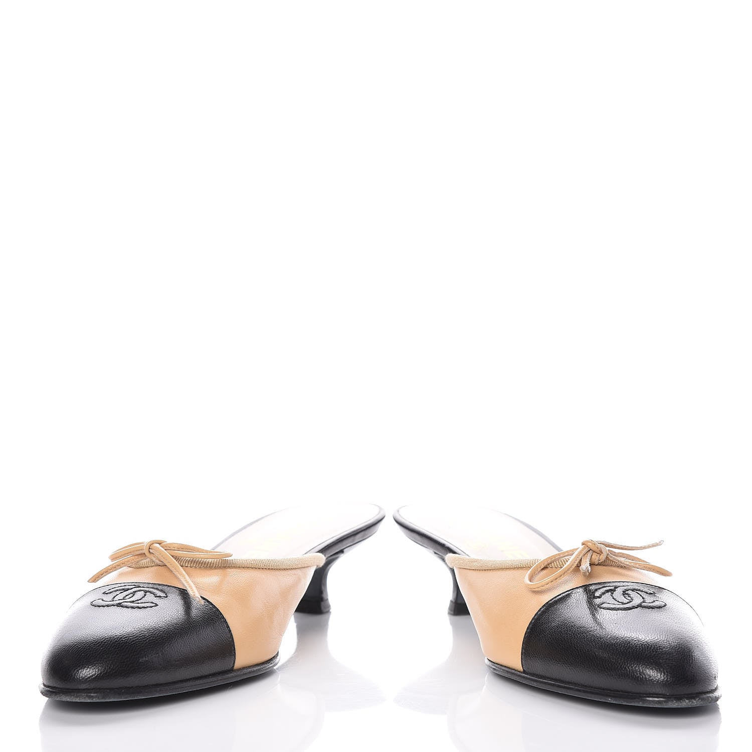 Chanel Lambskin Cap Toe CC Mules 37.5 Beige Black 5 of 10