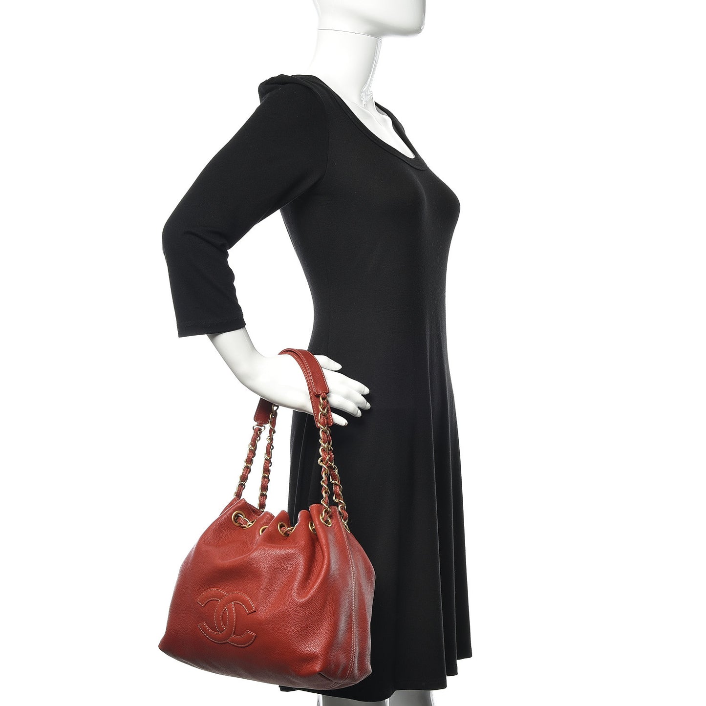 Grained Calfskin CC Drawstring Bucket Bag Red