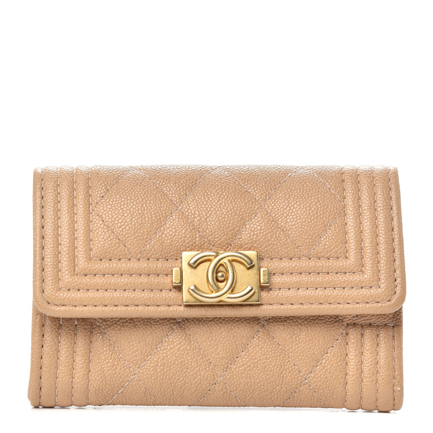 Caviar Quilted Boy Card Holder Wallet Beige