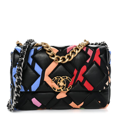 Chanel Lambskin Printed Fabric Medium Chanel 19 Flap Black Multicolor 1 of 10