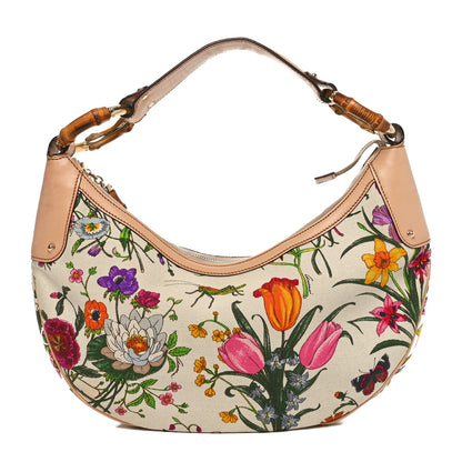 Gucci Canvas Floral Flora Bamboo Ring Hobo White 1 of 10