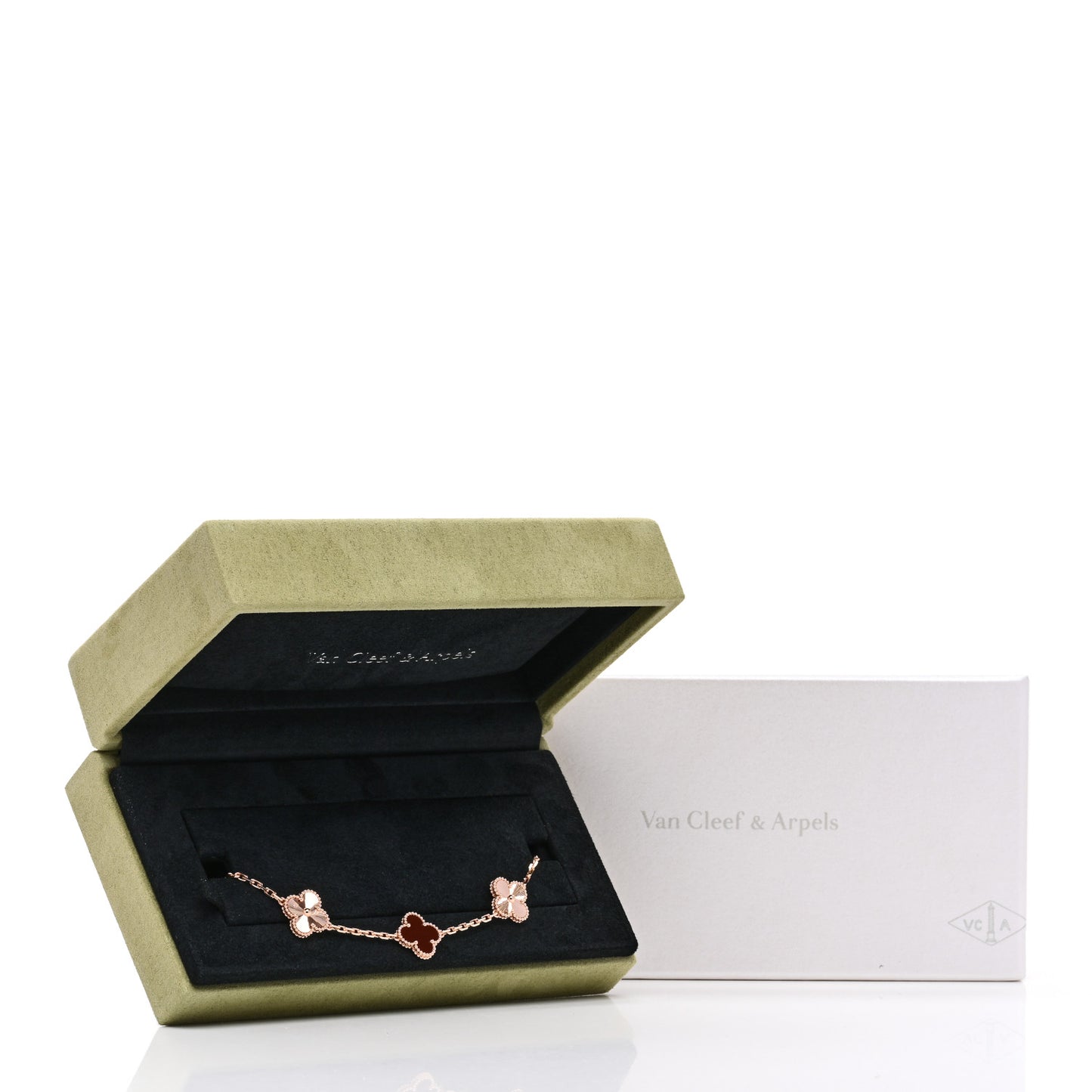 18K Rose Gold Carnelian 5 Motifs Guilloche Vintage Alhambra Bracelet