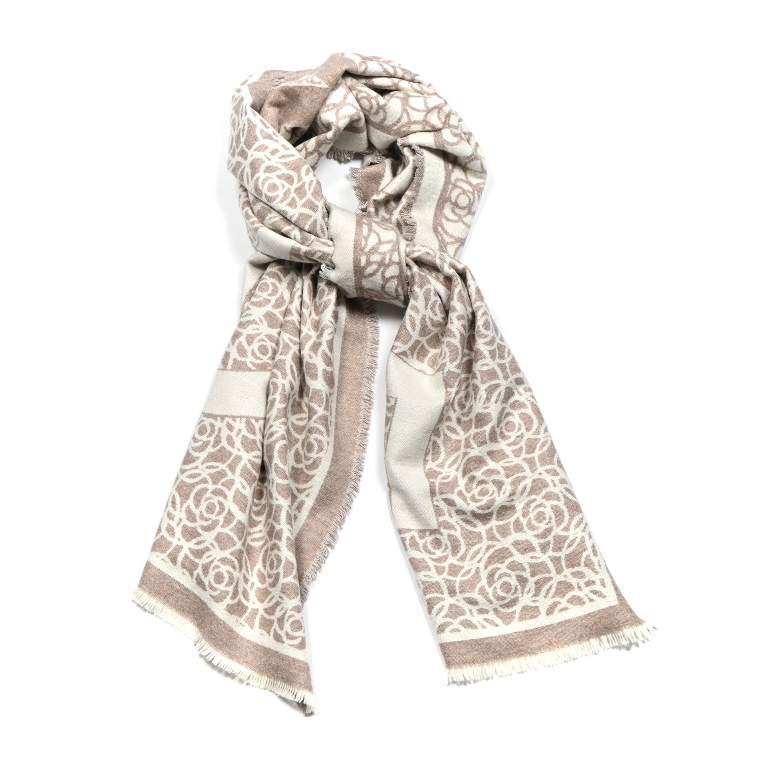 Chanel Cashmere Silk Camellia Logo Scarf Beige 1 of 3