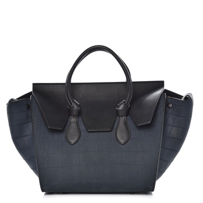 Celine Smooth Calfskin Nubuck Crocodile Embossed Small Tie Knot Tote Navy 1 of 16