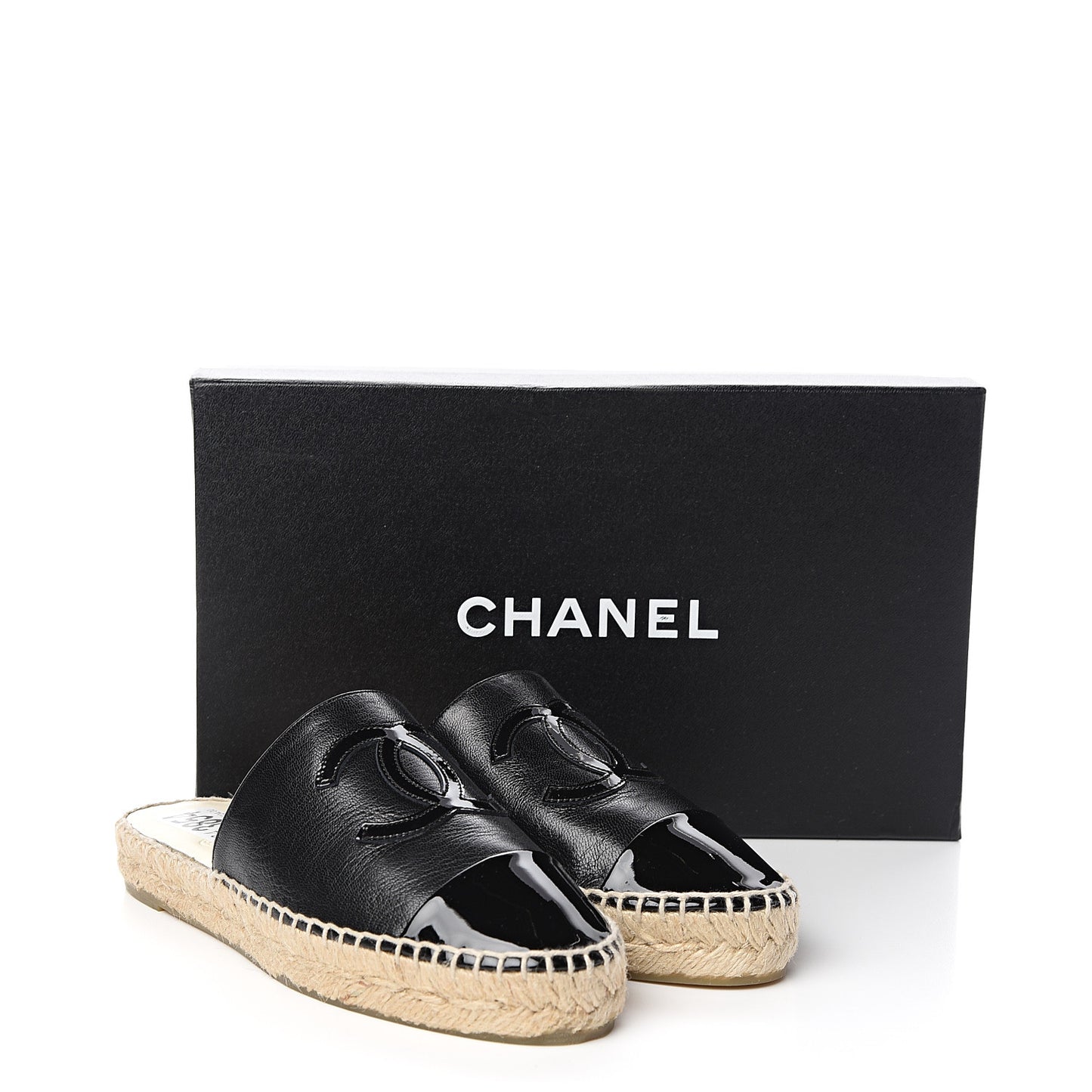 Iridescent Goatskin Patent CC Espadrille Mules 35 Black