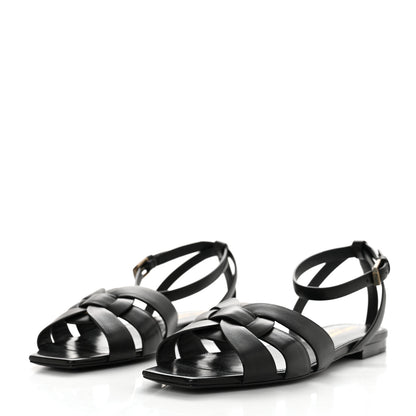 Saint Laurent Calfskin Tribute 05 Ankle Strap Flat Sandals 37 Black 3 of 9