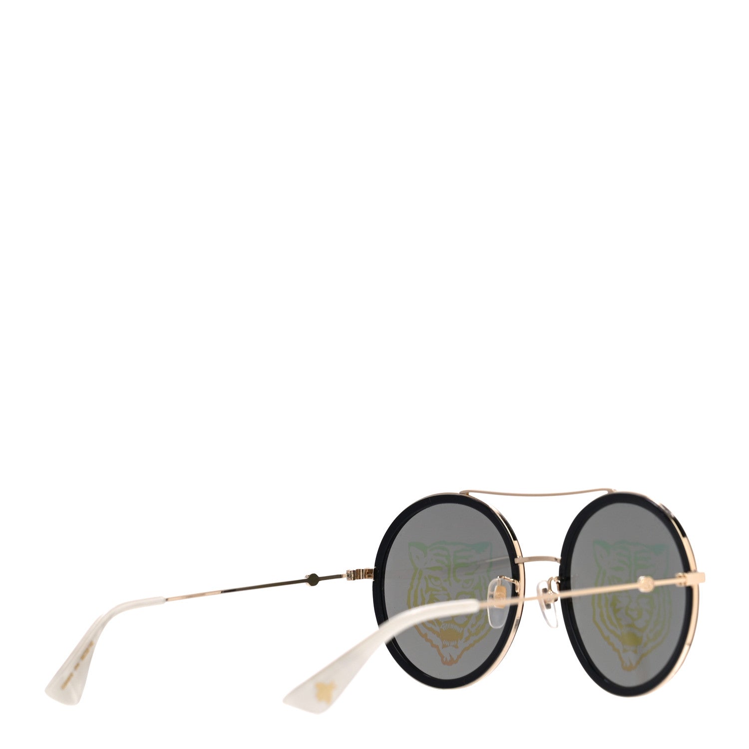 Gucci Metal Round Frame Tiger Print Sunglasses GG0061S Gold 3 of 8