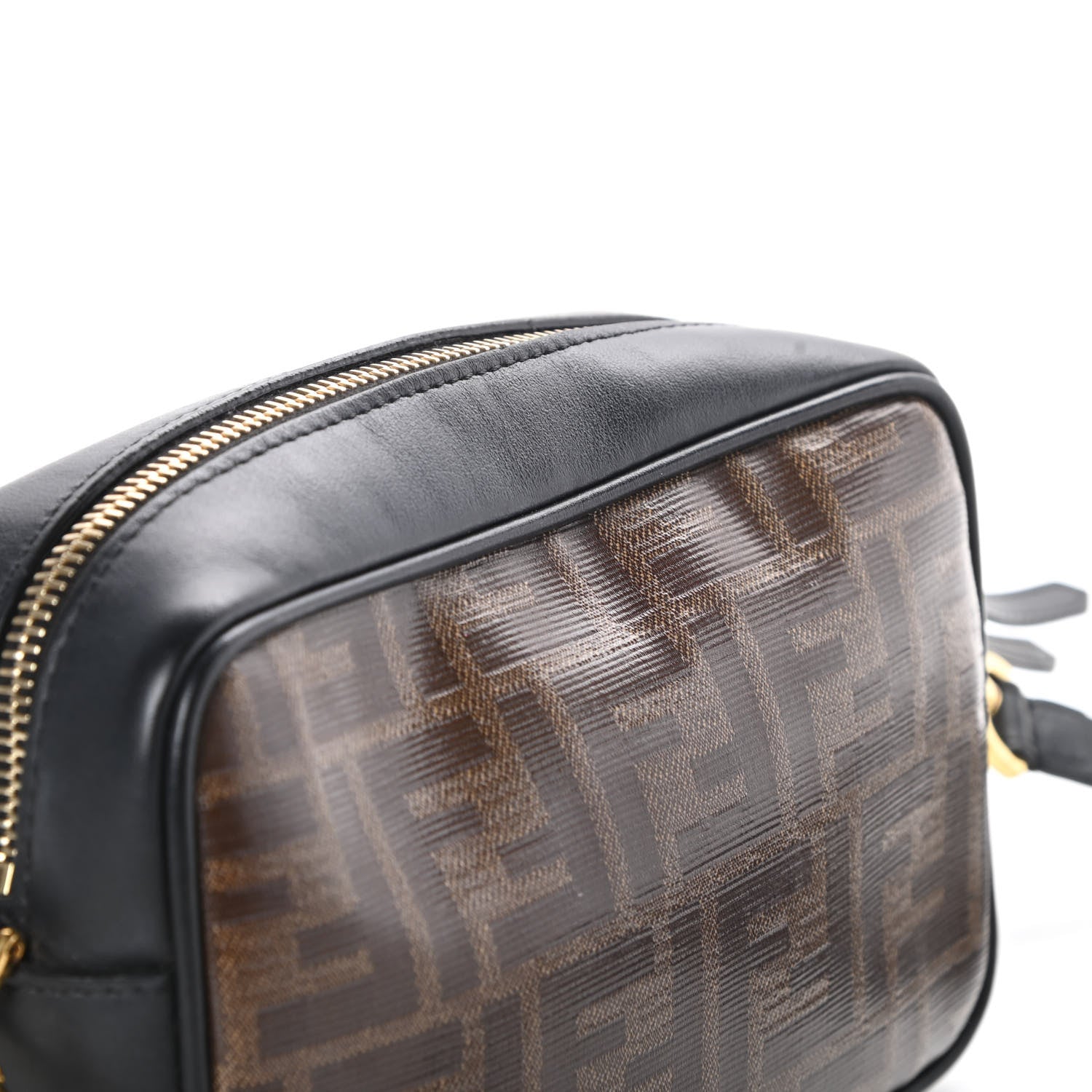 Fendi Glazed Fabric Vitello Century FF 1974 Stamp Patch Mini Camera Case Mogano Panna Black 12 of 14