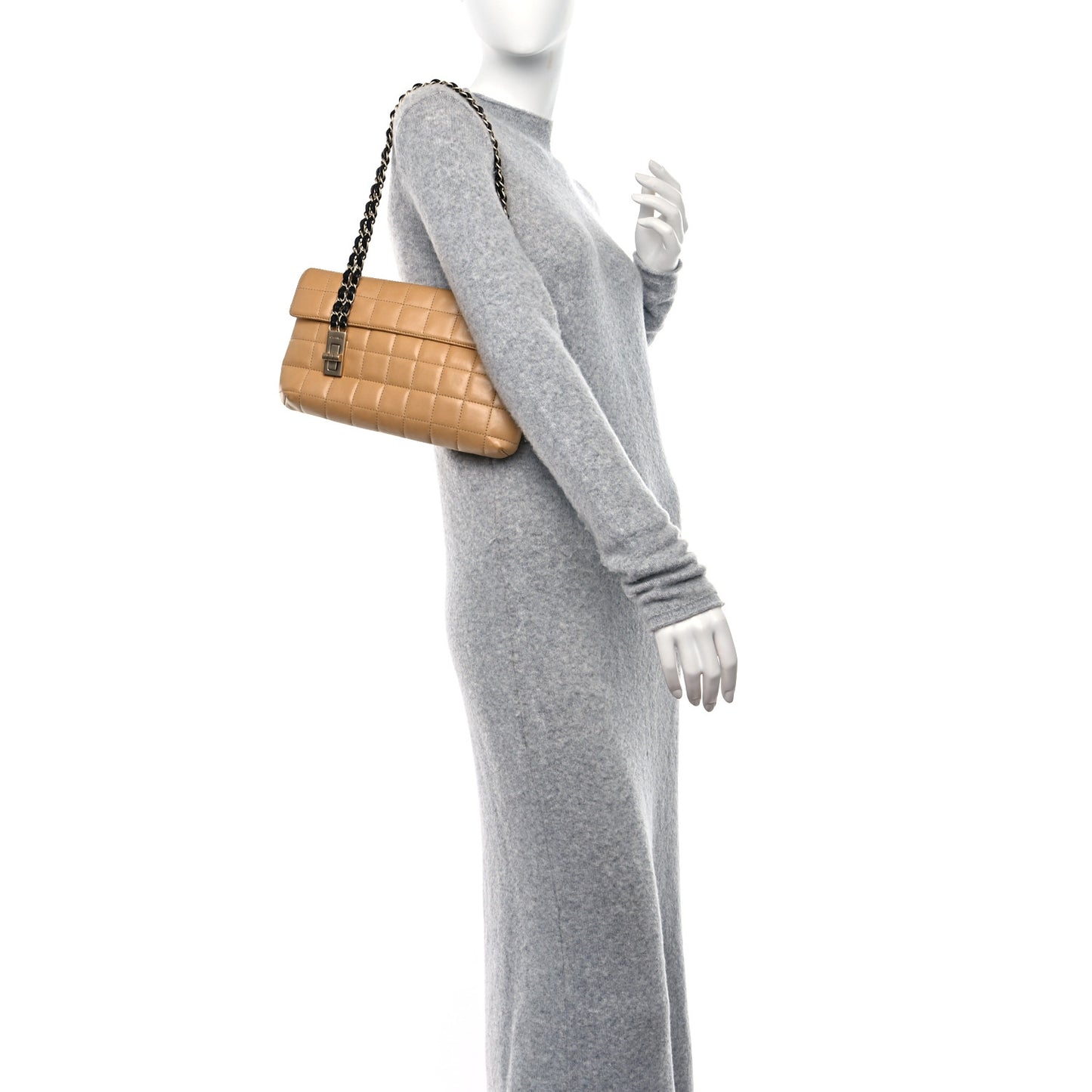 Lambskin Chocolate Bar Mademoiselle Flap Shoulder Bag Beige