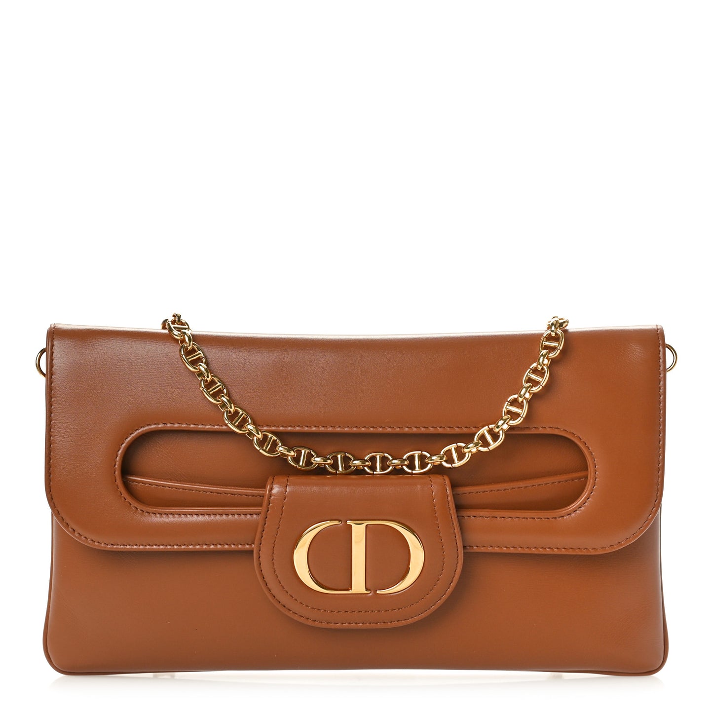 Smooth Calfskin Medium Diordouble Chain Bag Brown