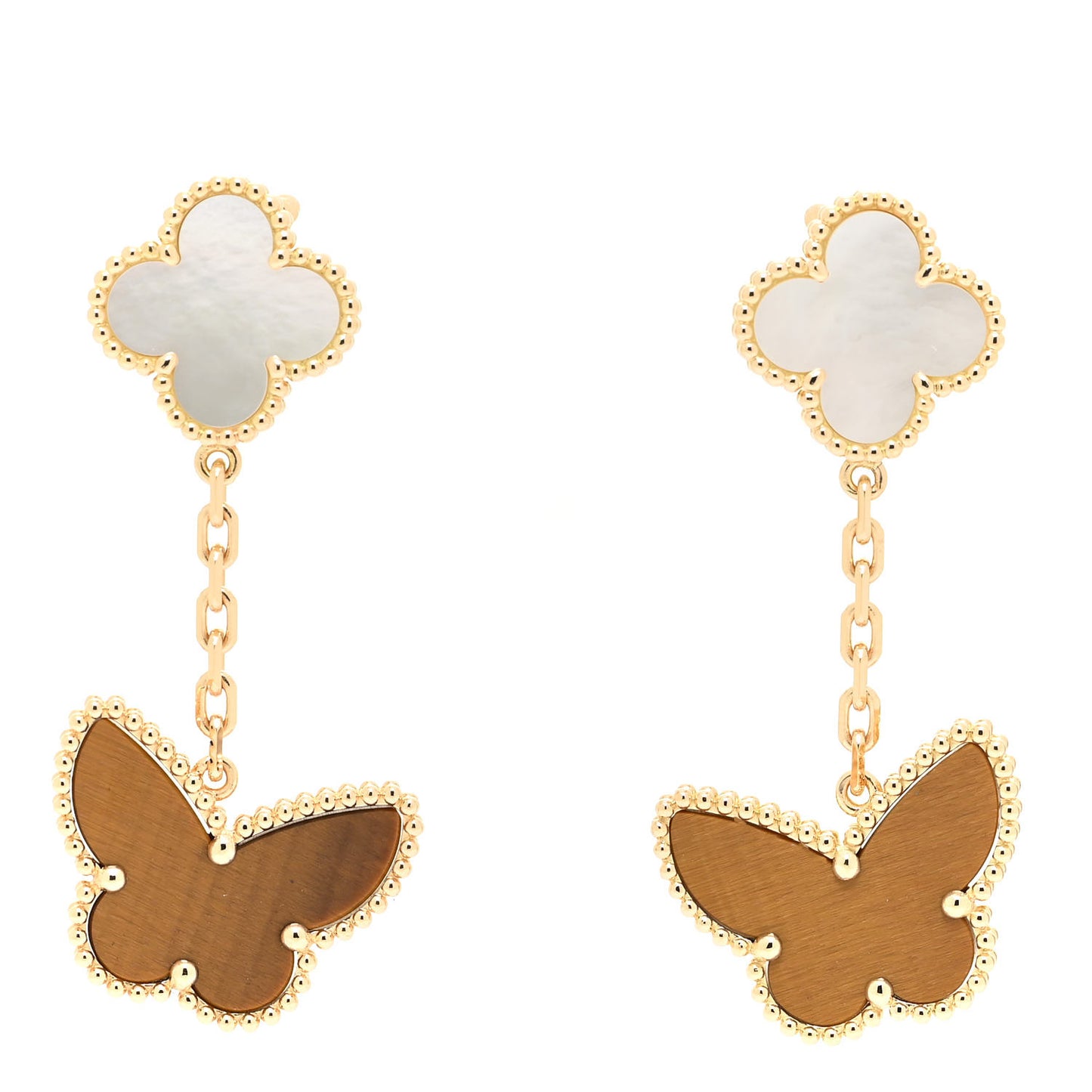 18K Yellow Gold Mother of Pearl Tiger's Eye Lucky Alhambra 2 Motifs Butterfly Earrings