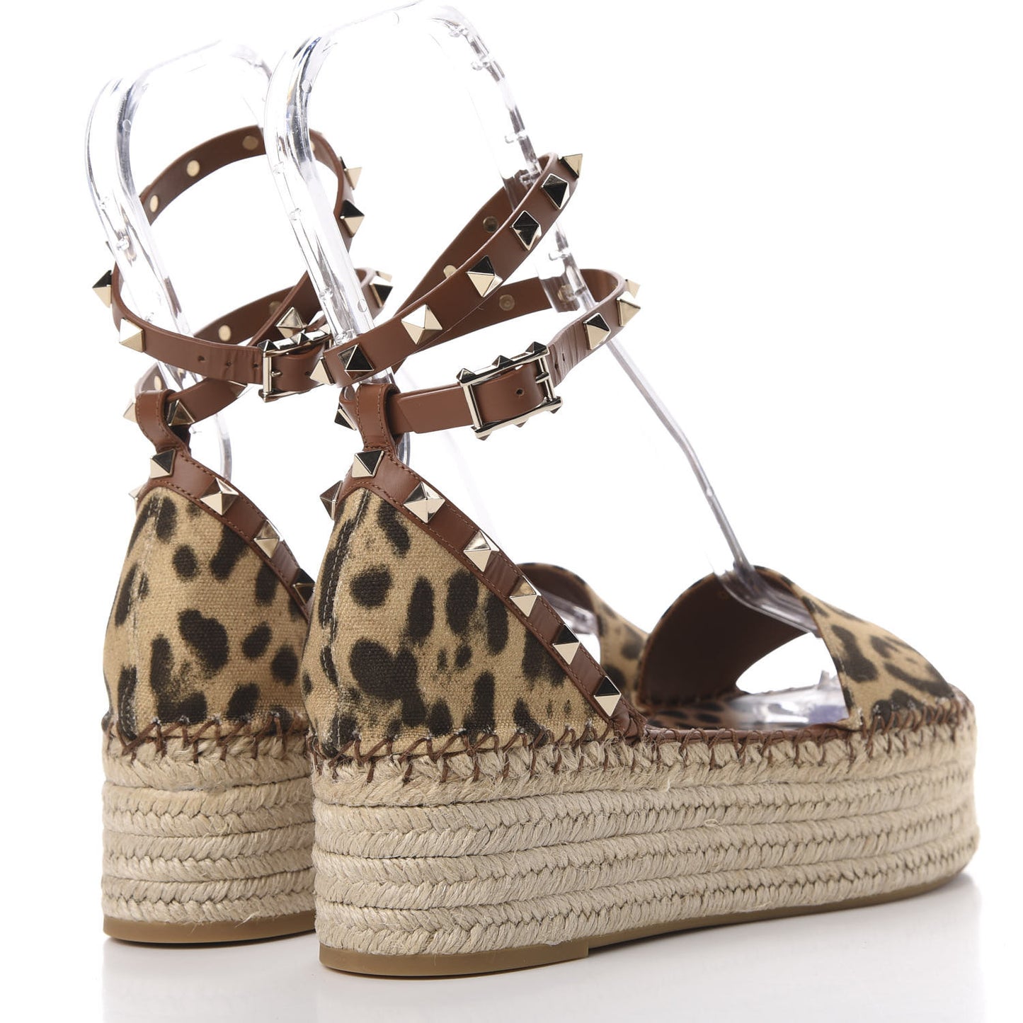 Canvas Leopard Print Rockstud Ankle Wrap Espadrille Flatform Sandals 39 Brown