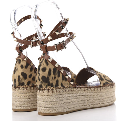 Valentino Garavani Canvas Leopard Print Rockstud Ankle Wrap Espadrille Flatform Sandals 39 Brown 4 of 10