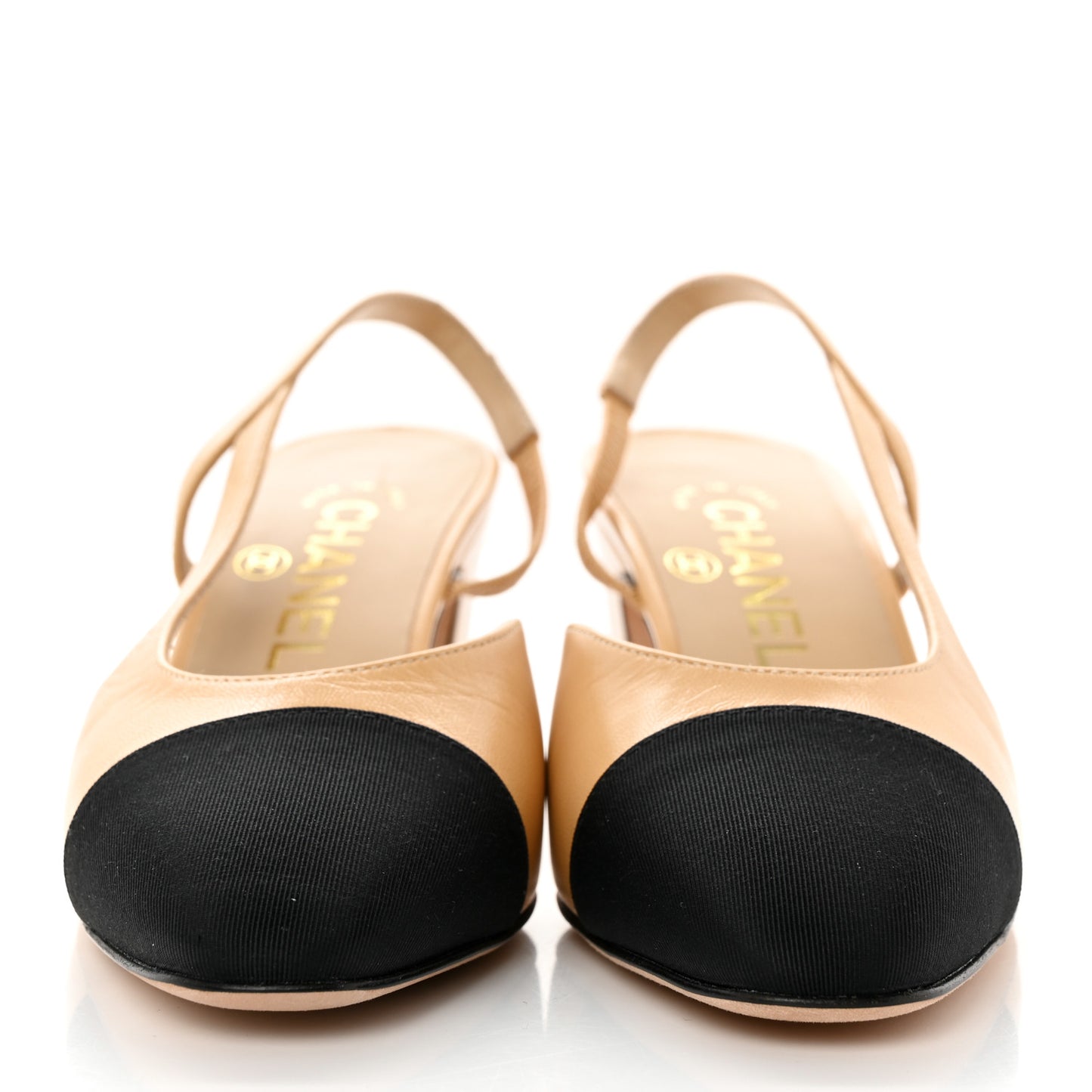 Goatskin Grosgrain Cap Toe CC Slingback Pumps 35.5 Beige Black
