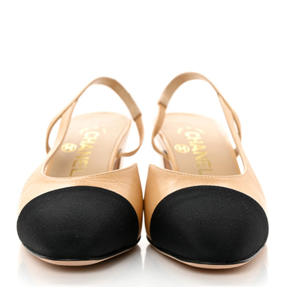 Chanel Goatskin Grosgrain Cap Toe CC Slingback Pumps 35.5 Beige Black 2 of 11