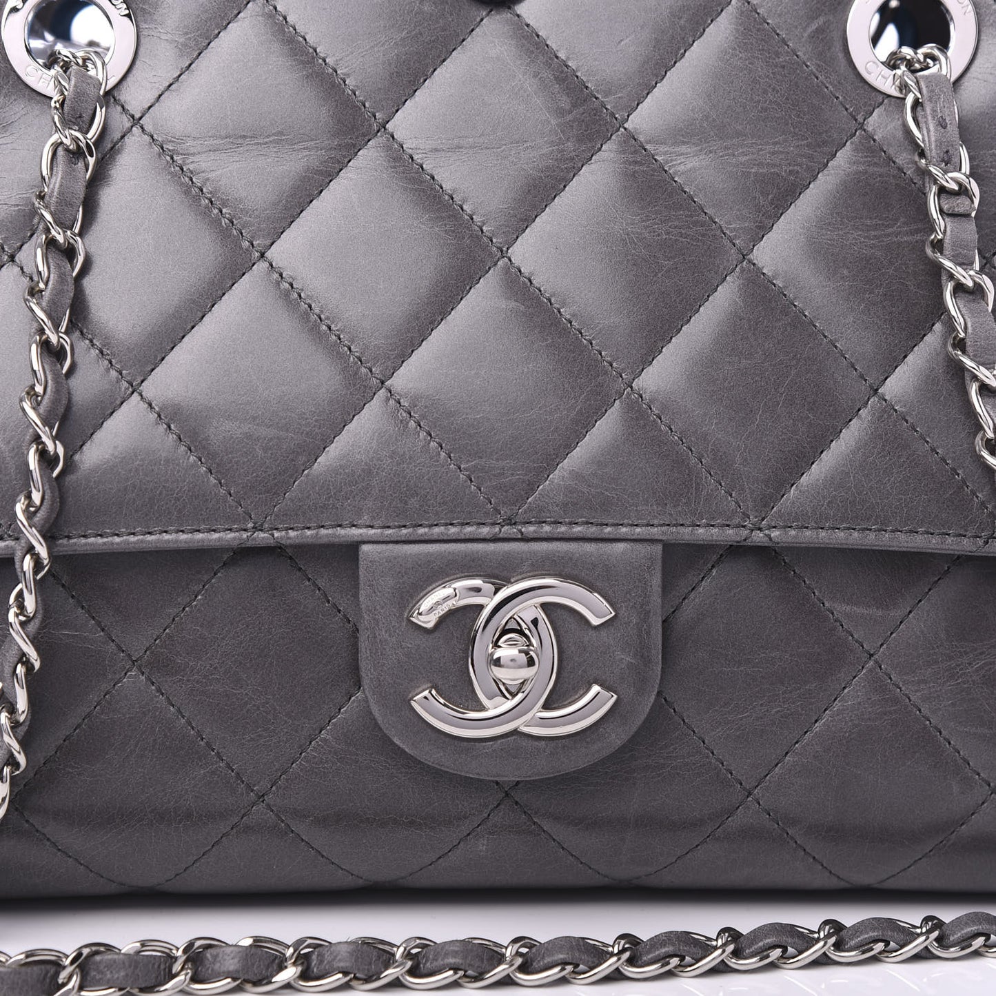 Glazed Calfskin Quilted Small CC Delivery Tote Grey