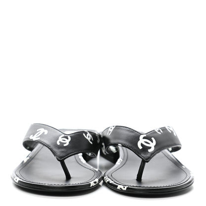 Chanel Lambskin Printed CC Thong Sandals 37 Black White 2 of 10