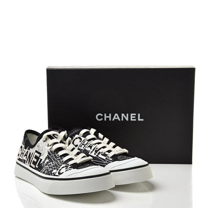 Chanel Printed Fabric Low Top Logo Sneakers 38.5 White Black 9 of 9