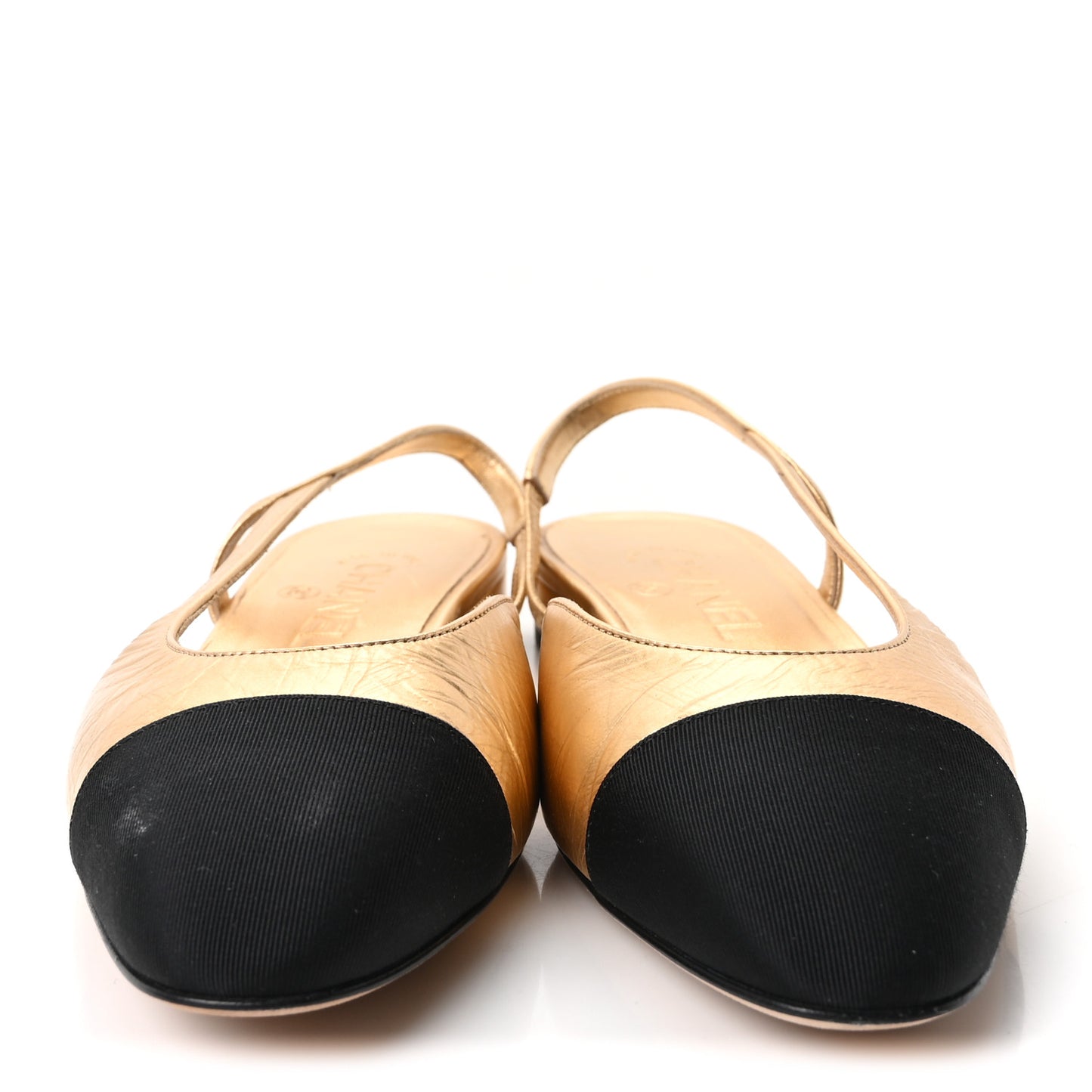 Goatskin Grosgrain Cap Toe CC Slingback Sandals 36 Dark Gold Black