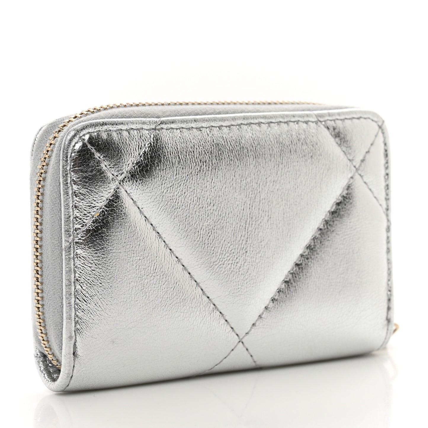 Metallic Lambskin Quilted Chanel 19 Zip Around Coin Purse Wallet Silver