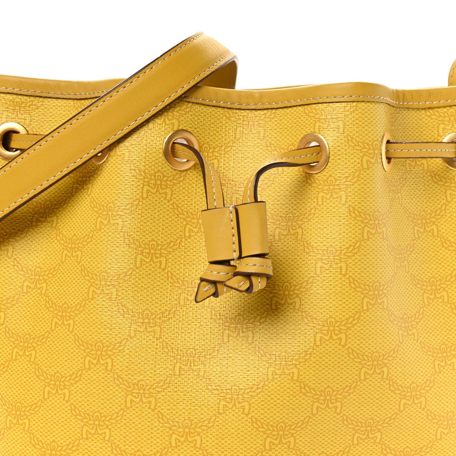 MCM Lauretos Spanish Calfskin Medium Himmel Drawstring Bucket Bag Lemon Gold 8 of 10