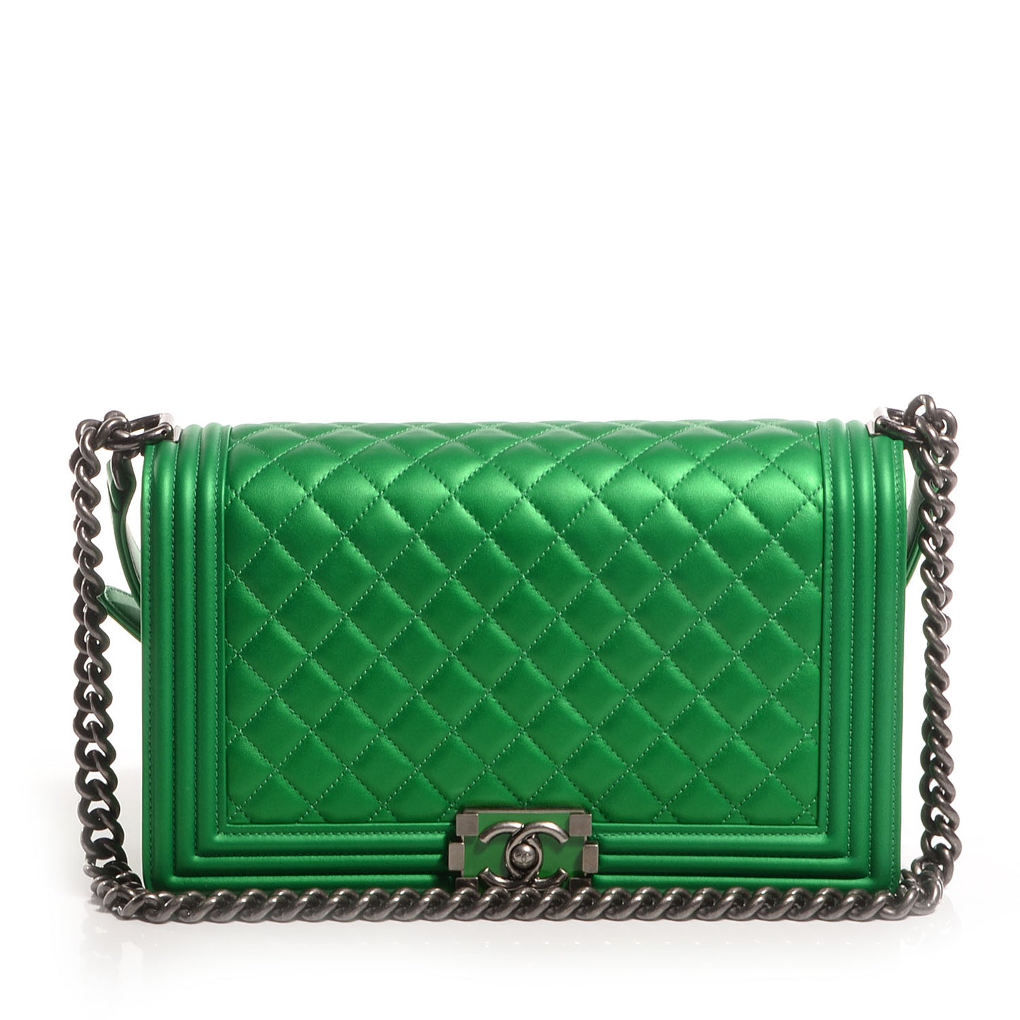 Metallic Calfskin Quilted Large Boy Flap Green